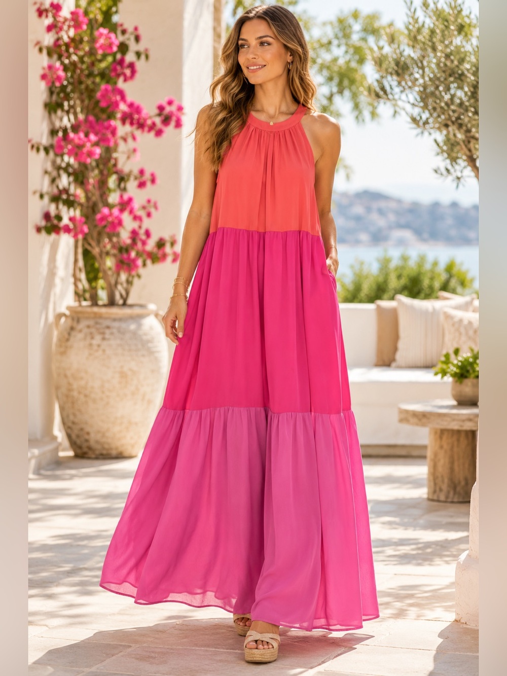 Andrée by UNIT Colorblock High Neck Halter Tiered Maxi Dress Size Medium